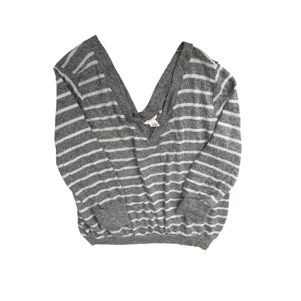 NWT Caslon Nordstrom Womens Grey White Striped V-Neck Relaxed Knit Sweater XL